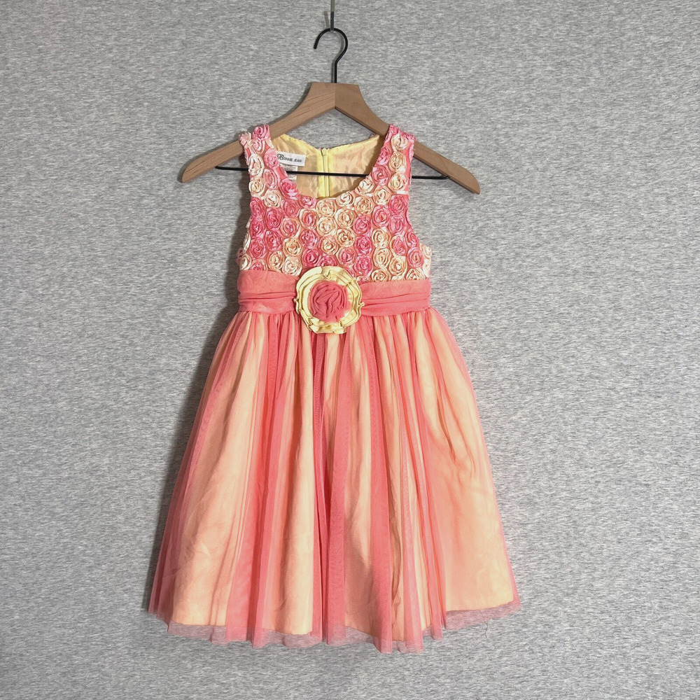 Bonnie Jean Dress Girls 6X Pink Yellow Tulle‎ Roses Floral Spring Easter Fairy
